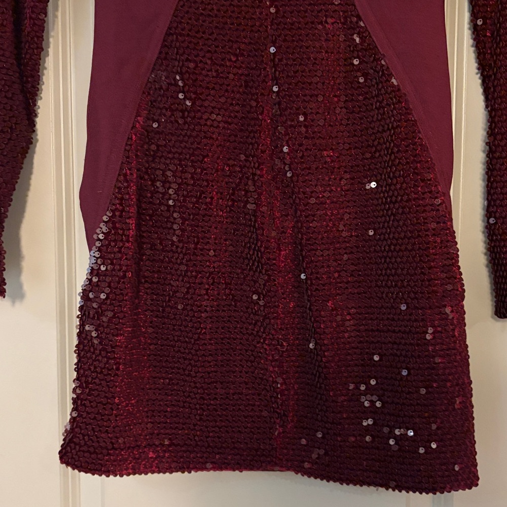 House of CB Wine Velvet Sequin Long Sleeve Dress - Picture 6 of 7